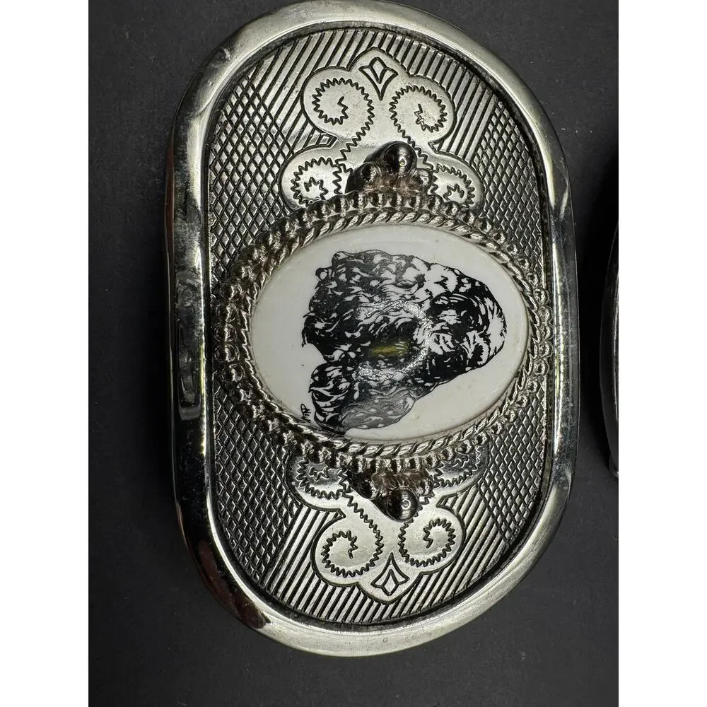 Lot of 2 Vintage Avon Silver Tone Belt Buckles Saddle and Dog Portrait Design